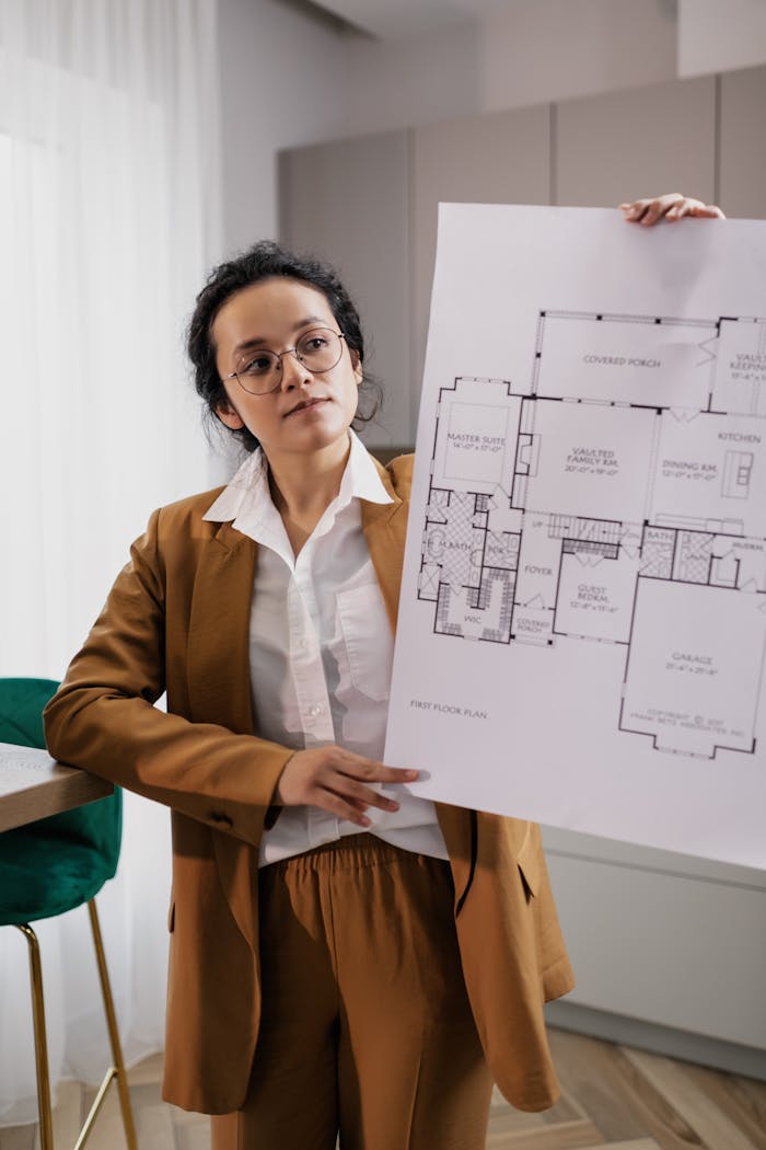 about-us A realtor in business attire holds a detailed floor plan inside a modern office.